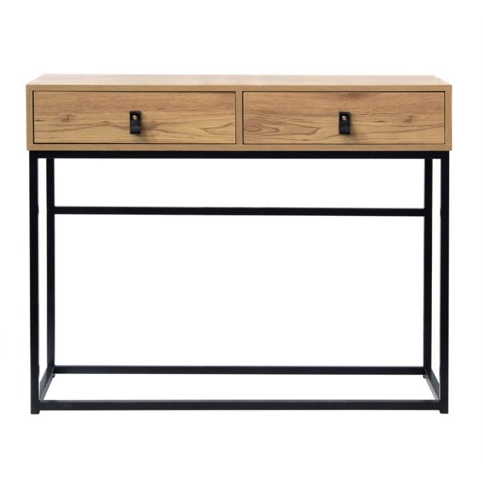 Console 2 Tiroirs Aspect Bois Veiné et Piétement Métal Noir - L100 x P35 x H80 - CASÂME