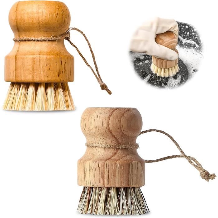 THETAG Lot De 2 Brosses à Vaisselle Bambou & Fibres Naturelles - Brosses Rondes Écologiques, Robuste Pour Poêles, Casseroles & Vaisselle, Poils Durs & Doux