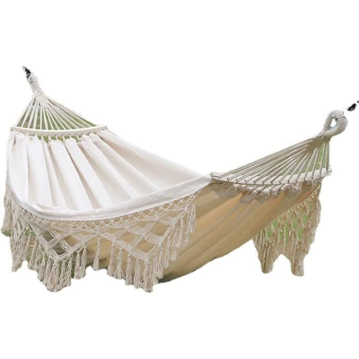 Hamac En Coton/polyester 200x100 Cm - Charge 110 Kg - Style Bohème Avec Franges - Vert Foncé
