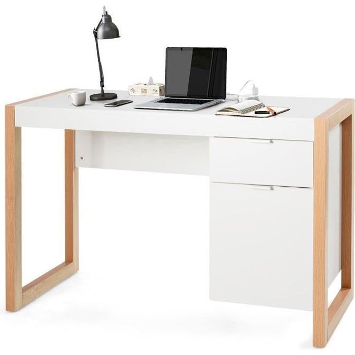 COSTWAY Bureau Informatique 112×50×75cm Bureau Multifonction avec Tiroir et Caisson de Rangement Design Moderne Blanc Aspect Bois