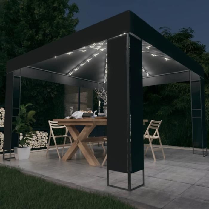 Tonnelle - ESTINK - 3x3 m - Anthracite - Lumières LED - Toit double résistant à leau
