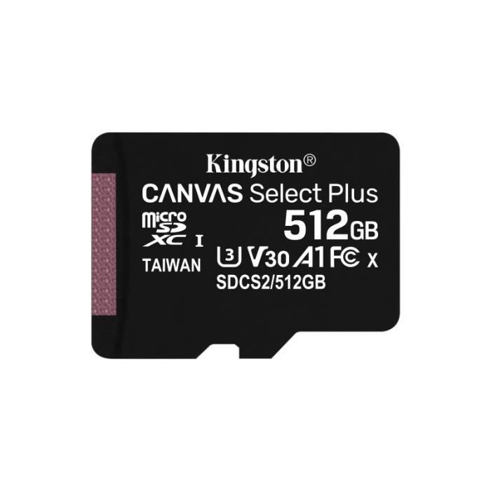 kingston 512gb microsdxc canvas select 100r a1 c10 single pack w/o adp noir noir Noir