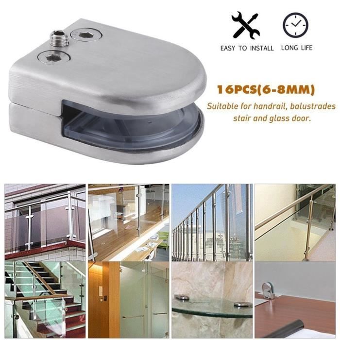 8-10mm Acier Inoxydable 304 Pinces en Verre Support en Verre R/églable Support Plat pour Balustrade Escalier Main Courante DMFSHI Pince /à Verre 4 PCS Serrage Verre