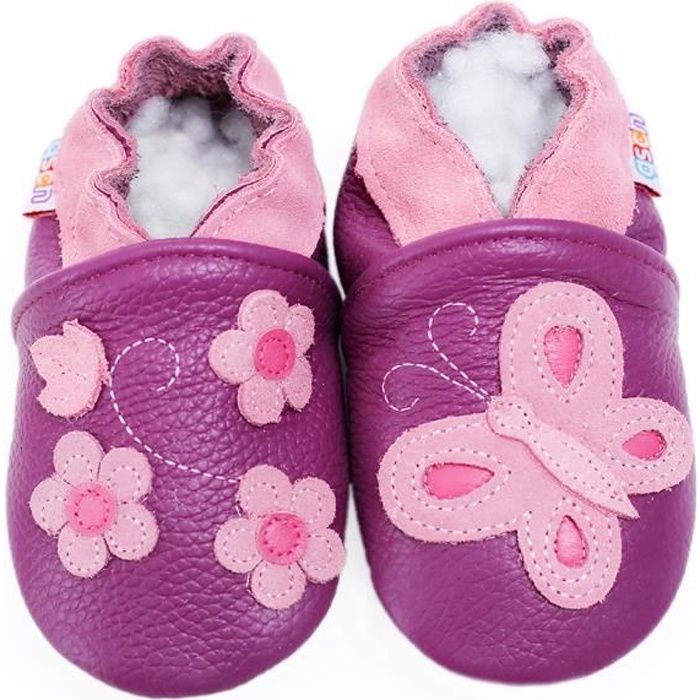 Chaussons Bebe Cuir Souple Chaussures Premiers Pas Chat Gris Unisexes Avec Des Chaussures Papillon Violet Cdiscount