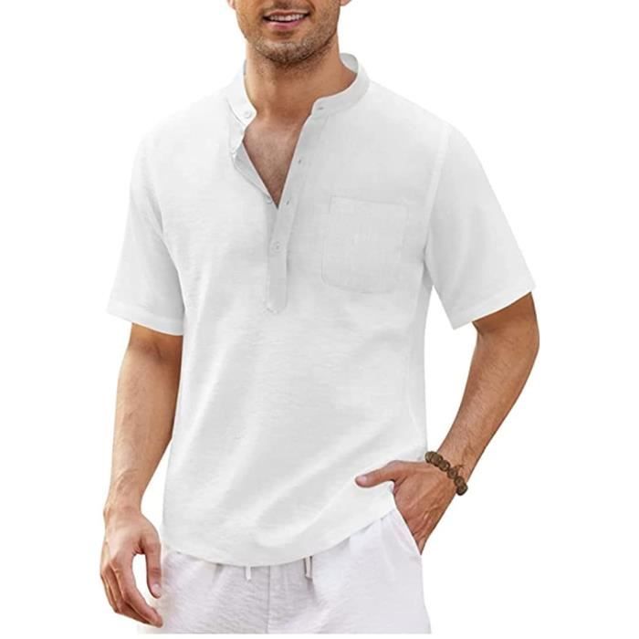 Chemise Homme En Lin - Col Mao, Manches Longues, Style Henley Décontracté - Idéale Pour L'été Et La Plage - Grande Taille Disponible