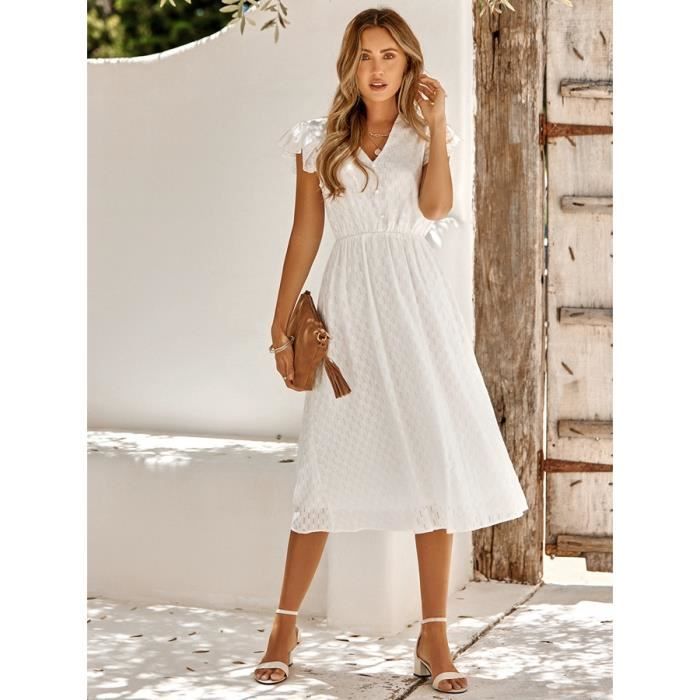 Robe pour Femme à Manches Courte Robe Longue Taille Haute Robe d' Été à Col en V Elégante-Blanc