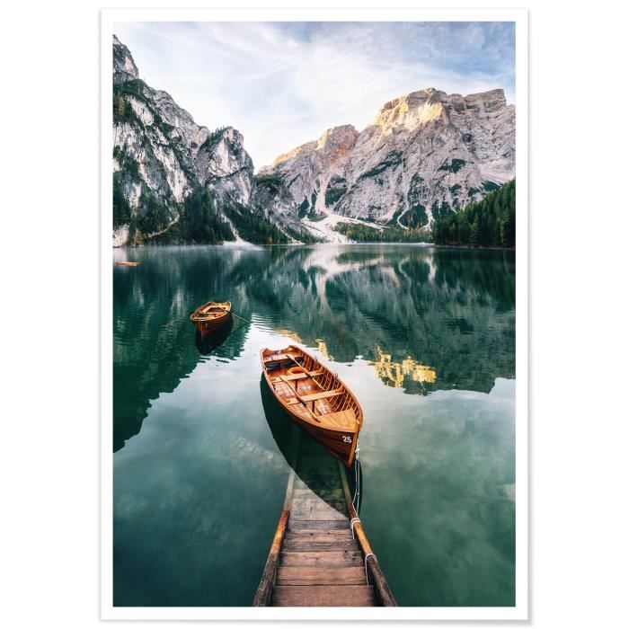Poster Panorama Lac de Braies Italie 70x50 cm - Imprimée sur Poster avec  Passepartout - Tableau Nature - Cdiscount