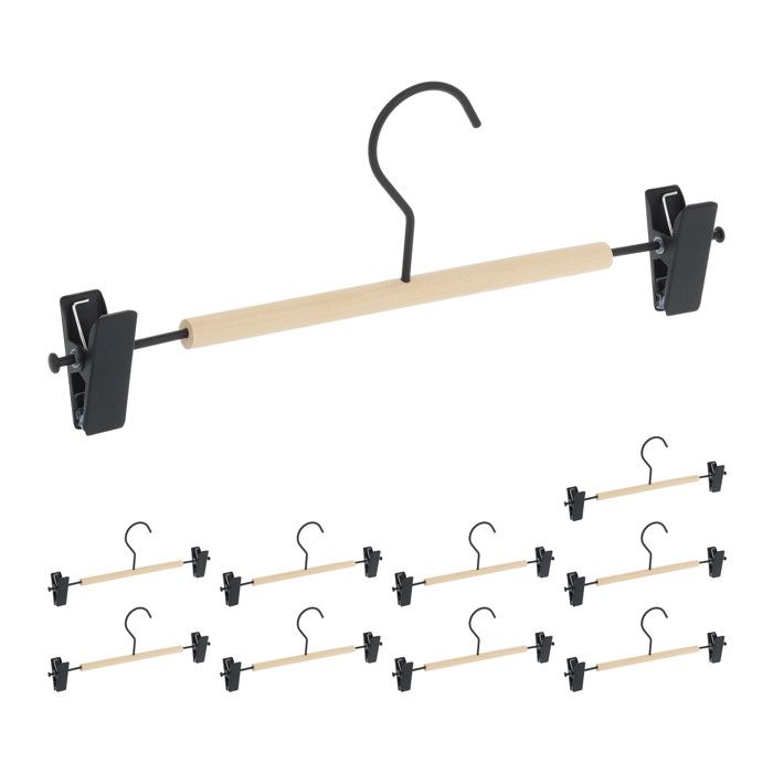 Relaxdays Cintres pinces en lot de 10 clips réglables jupes et pantalons HLP : 11 5 x 30 5 x 3 cm noir/nature