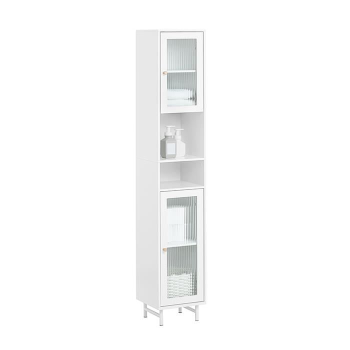 meuble colonne de salle de bain bzr118-w - sobuy - 2 portes en verre - 2 compartiments ouverts - blanc - 30x30x171
