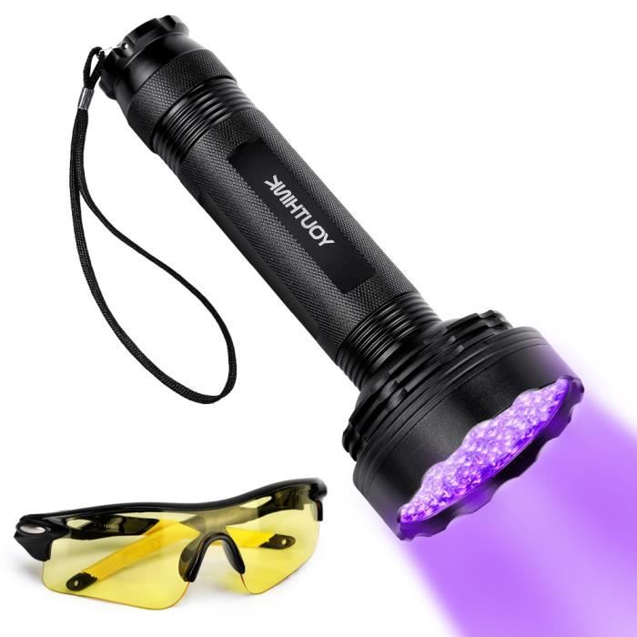 Tbest Lampe de poche Lampe torche ultraviolette à lumière UV noire à 100 LED avec lunettes de protection