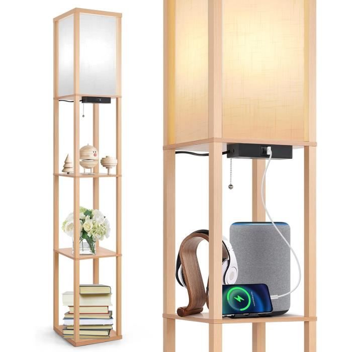 Lampadaire Sur Pied Avec étagère - 3 Températures De Couleur (3000K/4500K/6500K), Hauteur 158 Cm, Abat-jour Lin - Structure Acier Et étagères Bois - Pour Salon, Chambre, Bureau - Noir - 9
