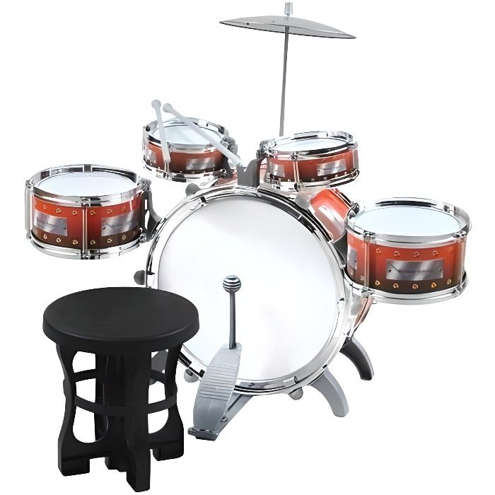 Kit Batterie Enfant 5 Tambours – Avec Tabouret, Cymbale, Baguettes, éclairage LED, Structure Inclinée 30°, Dès 3 Ans, éducatif