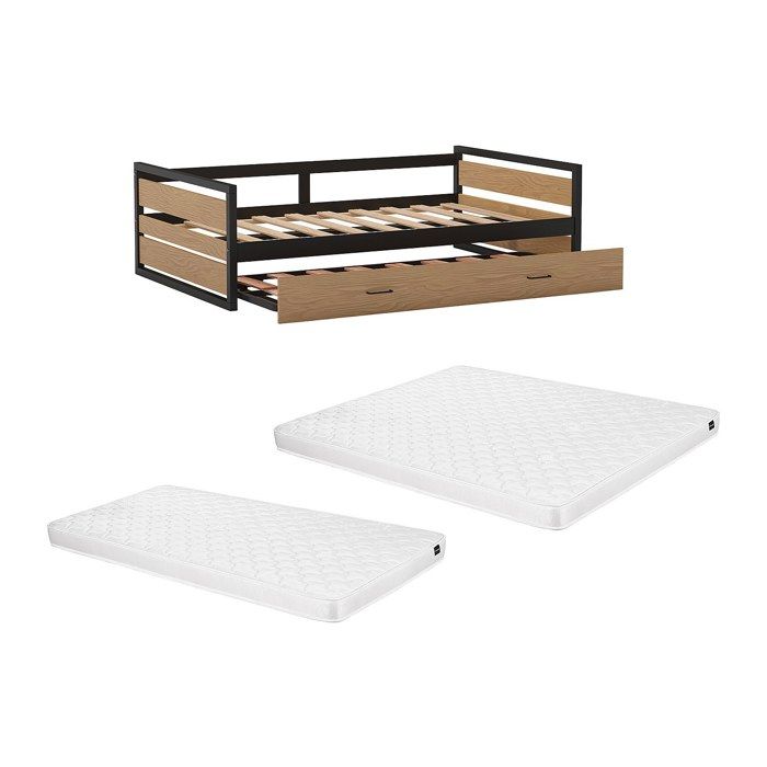 Lit gigogne 120 x 200 et 90 x 200 cm - MDF Pin et métal - Naturel et anthracite + Matelas - BOSTON Lit gigogne 120 x 200 et 90 x 200 cm - MDF Pin et métal - Naturel et anthracite + Matelas - BOSTON