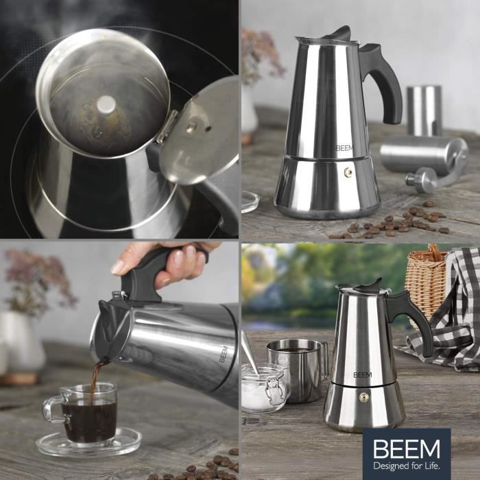 Machine à Expresso En Acier Inoxydable Coffee Fox - 4 Tasses (200 Ml) - Compatible Toutes Cuisinières Sauf Induction Pour 2 Tasses - 12