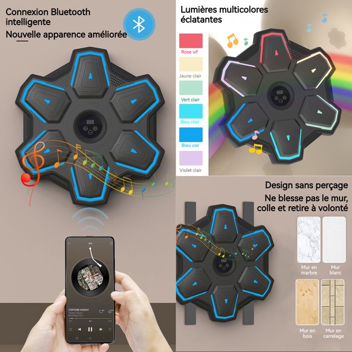 Machine de boxe à musique intelligente, Bluetooth Beat Punch, cible murale, sac de sable 4.2 par LED, équipement d'entraînement de b Machine de boxe à musique intelligente, Bluetooth Beat Punch, cible murale, sac de sable 4.2 par LED, équipement d'entraînement de b