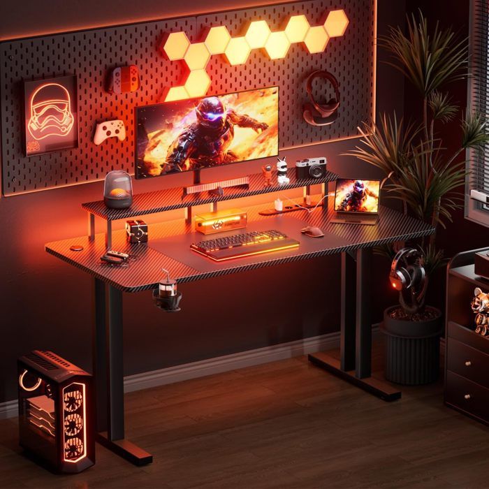 HLFURNIEU Bureau Gaming Informatique Ergonomique 160 x 70 cm, Gamer Bureau d'ordinateur Robuste avec Pieds en T, Table de Jeu avec Support pour Casque et Porte-gobelet, Noir