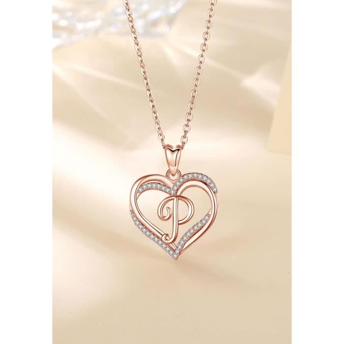 CDE Collier Initiale Cœur Femme Plaqué Or Rose – Lettre Alphabet Pendentif Zircon Cadeau Maman Amour
