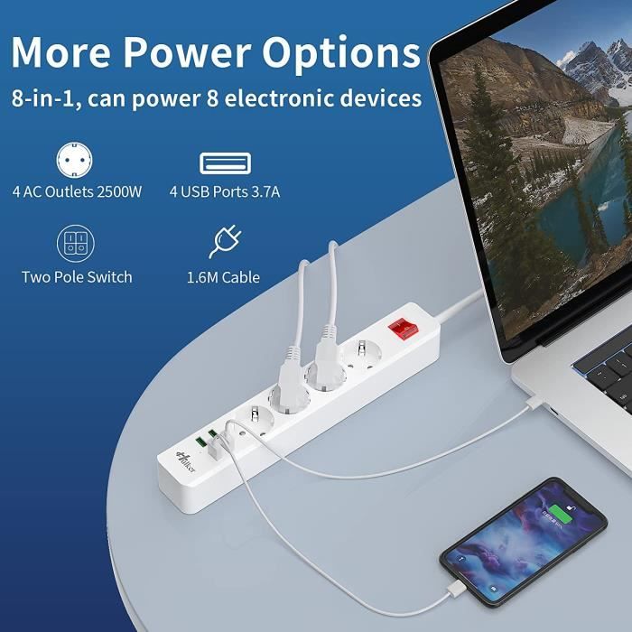 Multiprise Parasurtenseurs USB, Bloc Multiprise 4 Prises avec 4 USB