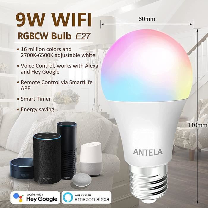 ANTELA Ampoule Connectée Wifi E27 LED Multicouleurs RGB + CCT 2700K-6500K,  Compatible Avec Alexa/Google Home, Ampoule Intelligente Pas Besoin de Hub,  4 PCS : : Luminaires et Éclairage