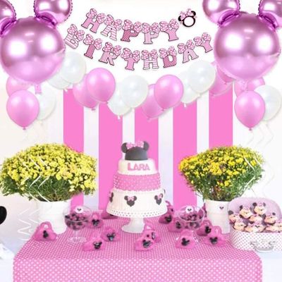 Décoration de gâteau d'anniversaire rose Minnie Mouse pour filles