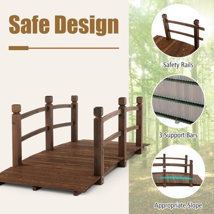 Pont De Jardin En Bois Massif épicéa 150x67x56 Cm – Garde-corps Intégré – Charge Max 180 Kg – Pour étang, Ruisseau, Décoration - 9