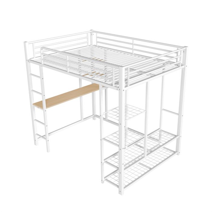Lit Mezzanine Enfant 140x200 cm en Fer, Échelle de Rangement, Plusieurs Étagères, Lit Simple a Armoire Encastrée, Bureau, Blanc - Maison