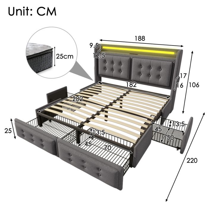 Lit 180x200 Cm Avec Sommier LED Et USB, Lit Double Capitonné Avec 4 Tiroirs De Rangement Cadre De Lit Adutle Lin Beige 92616684