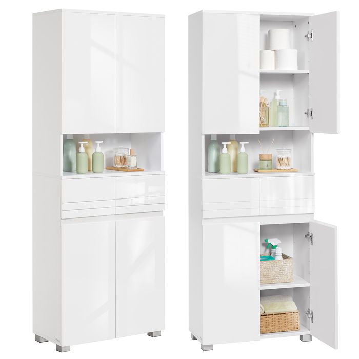 SoBuy BZR160-W Meuble Colonne Salle De Bain, Armoire De Rangement Placard De Rangement Etroite 1 Tiroir 2 Portes Et 5 Compartiments Ouverts Etageres Reglables Blanc 20x20x180 Cm