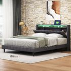Lit double 160x200 cm - SUNFECILI - Lit rembourré - Tissu en lin - Éclairage LED - Port USB