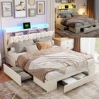 KILISKY Lit 140x200 cm, 3 tiroirs et LED,USB et Type C, 2 prise standard européenne,tissu en velours,cadre de lit double avec sommier,beige