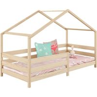 Lit cabane RENA lit simple pour enfant montessori 90 x 190 cm, avec barrières de protection, en pin massif à la finition naturelle