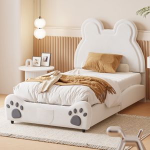 STRUCTURE DE LIT Lit enfant 90x200 cm, lit simple avec sommier à lattes, Tête de lit en forme d'ours, Tissu en velours, blanc