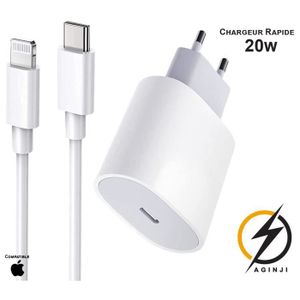CHARGEUR TÉLÉPHONE Chargeur iPhone Rapide 20W compatible iPhone 14/13/12/11/X iPad + câble 1m USB C vers Lightning | Aginji® Store France