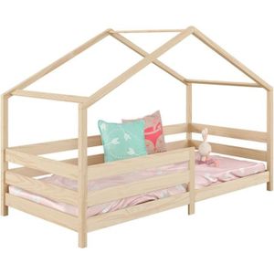 STRUCTURE DE LIT Lit cabane RENA lit simple pour enfant montessori 90 x 190 cm, avec barrières de protection, en pin massif à la finition naturelle