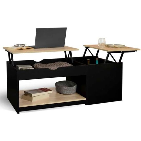 Table Basse 2 Plateaux Relevables PHOENIX - Bois Noir Et Hêtre - Rangement Intégré