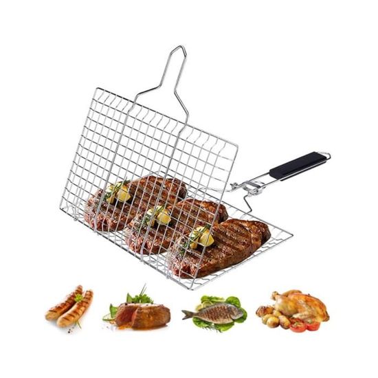 Panier à Griller Pour Barbecue - Avec Poignée En Bois - Pliable, Dimensions 47x26 Cm - Pour Poisson, Légumes, Viande - Accessoire De Cuisson Extérieur
