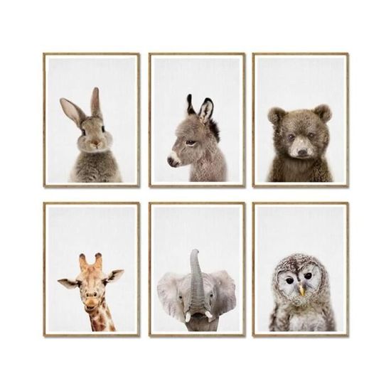 Lot De 6 Affiches Animaux Bébé Style Boho - Renard, Lapin, Ours, éléphant, Lion, Girafe - Format A4 Sans Cadre - Décoration Chambre Enfant Garçon