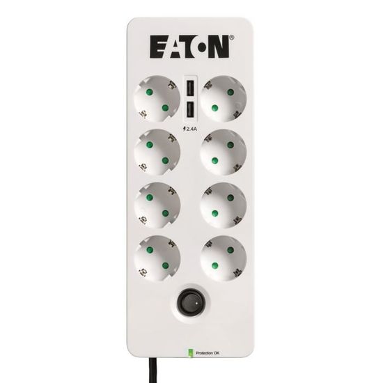 Multiprise/Parafoudre - EATON Protection Box 8 Tel USB DIN - PB8TUD - 8 prises DIN + 1 prise tel/RJ + 2 ports USB - Blanc & Noir