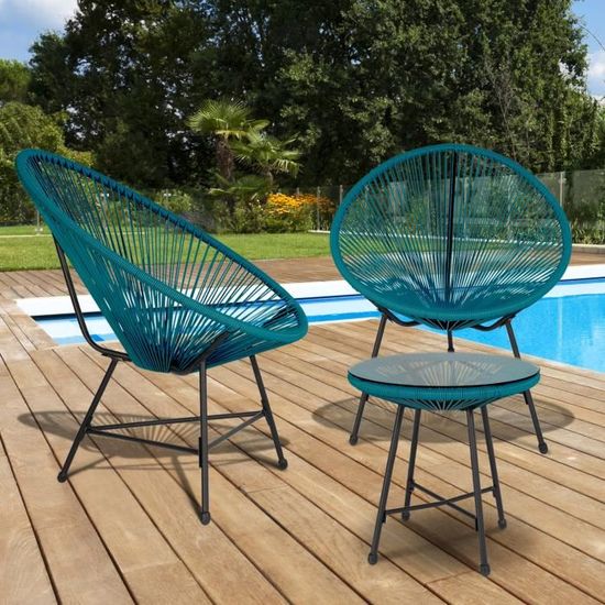 IDMARKET Salon de jardin IZMIR table et 2 fauteuils oeuf cordage bleu canard