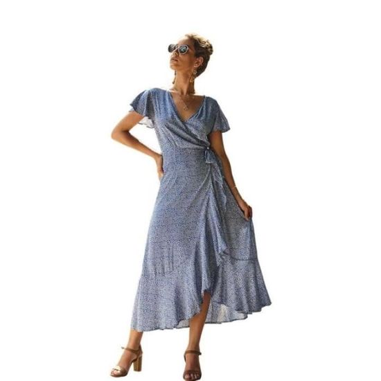 Robe Longue Femme Été Chic Élégante Imprimé Fleurs - Col V Manches Courtes, Taille Haute, Robe Maxi Plage Cocktail Bohème Vacances