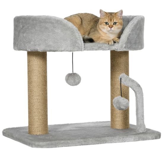 Arbre à Chat PawHut 92cm Avec Griffoir Sisal, Boules Suspendues & Plateforme - Gris - Pour Chats Jusqu'à 5kg
