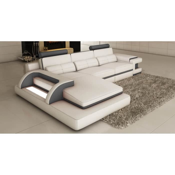 RANNA - Canapé d'angle cuir blanc et gris avec lumière intégrée