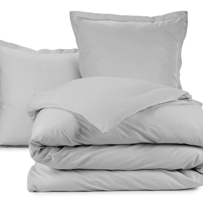 Parure de lit housse de couette avec taie d'oreiller 100% Coton 57 fils Gris Clair 240x260 cm
