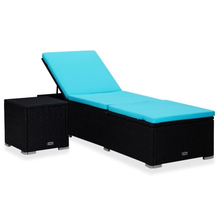 Chaise Longue avec Coussin Et Table à Thé Résine Tressée Bleu @TXY006