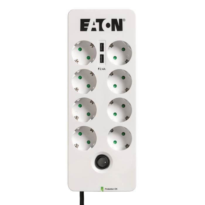 Multiprise/Parafoudre - EATON Protection Box 8 Tel@ USB DIN - PB8TUD - 8 prises DIN + 1 prise tel/RJ + 2 ports USB - Blanc & Noir