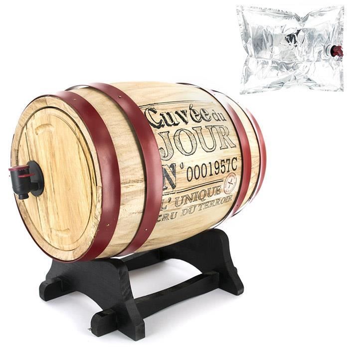 Tonneau à Vin - Distributeur de Vin - 3 Litres - Cerclage Bordeaux - Poche en Aluminium incluse