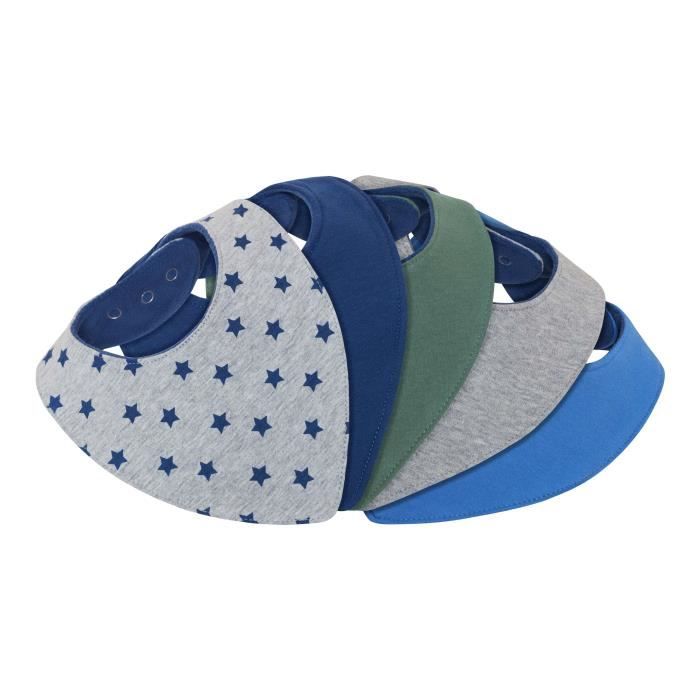 Bavoir bandana bébé garçon - lot de 5 - doublé coton éponge et polaire - triangle - pression - mixte bleu marine blanc avec motif -