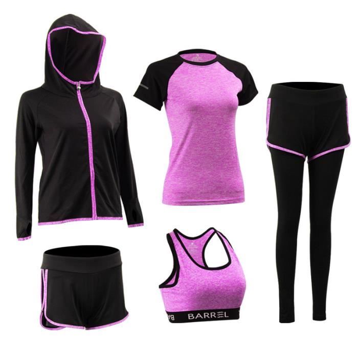 Ensemble De Vêtements De Sport Femme 5 pièces (T Shirt+Soutien-Gorge+Pantalon+Veste+Short) Entraînement Yoga Jogging Séchage Rapide