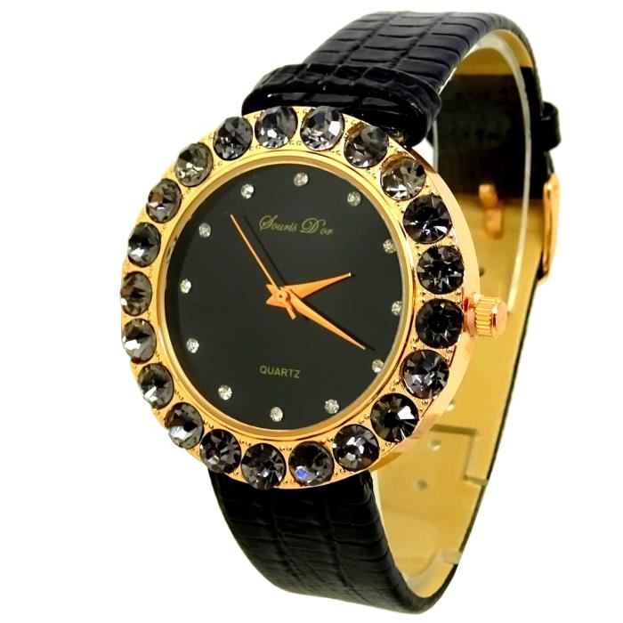 MONTRE FEMME CUIR NOIR OR DORE FLEUR STRASS BIJOUX FINE IDEE CADEAU STRASS
