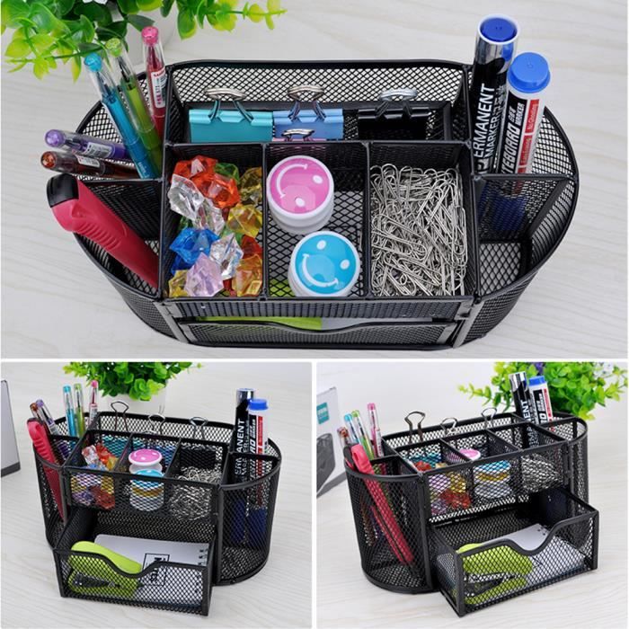 Multi-fonction Ovale Organisateur de bureau Porte-stylo 8 compartiments Métal maille +1 tiroir(noir)